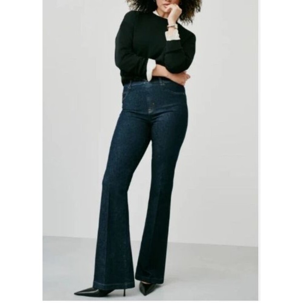 SPANX Flare Denim Jeans Women's L Tall Raw Indigo Dark Wash Tummy Tamer
